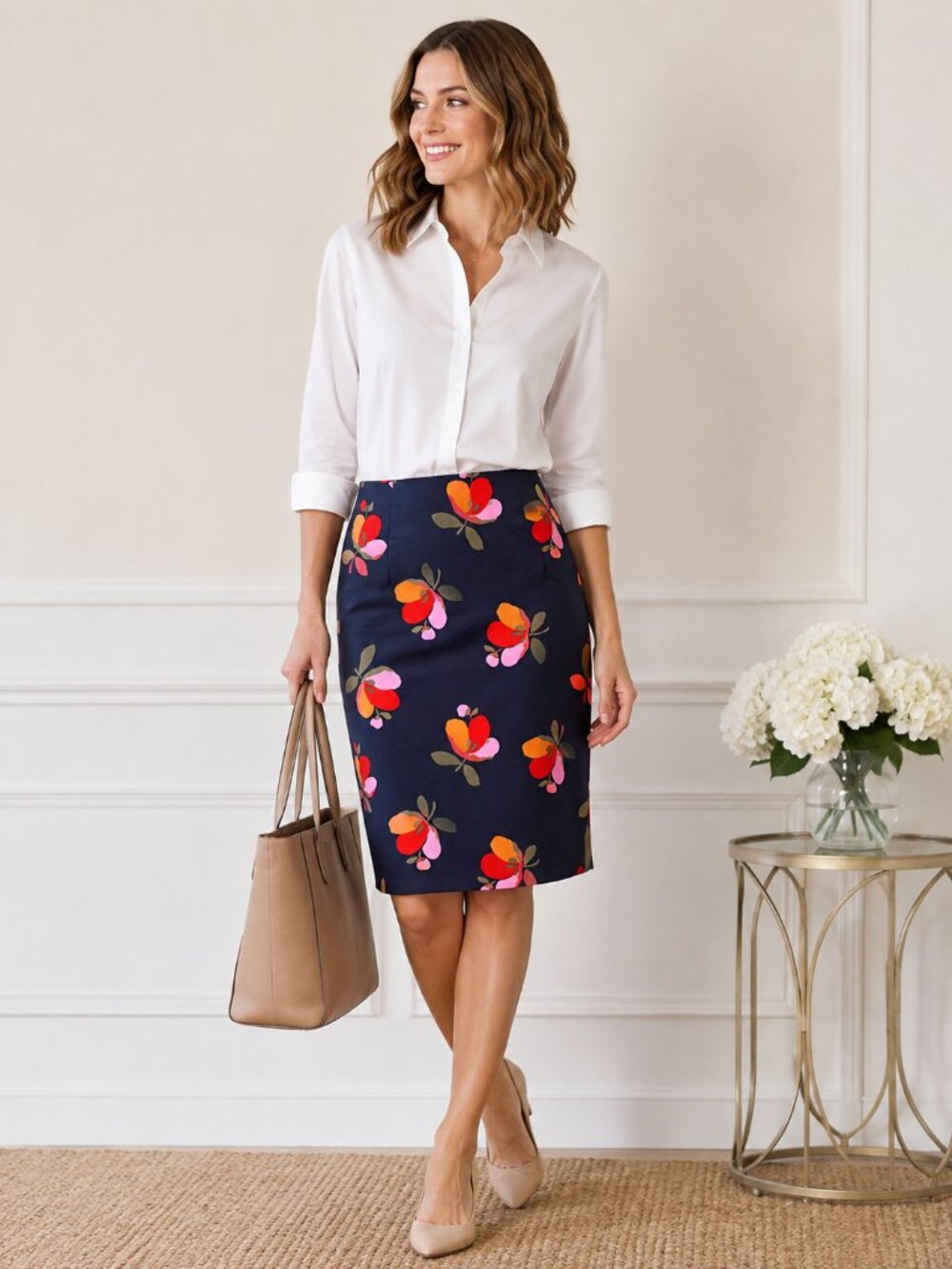 Boden Navy Floral Pencil Skirt Women's US 4 Office 8 Stretch Cotton Lined 1339
